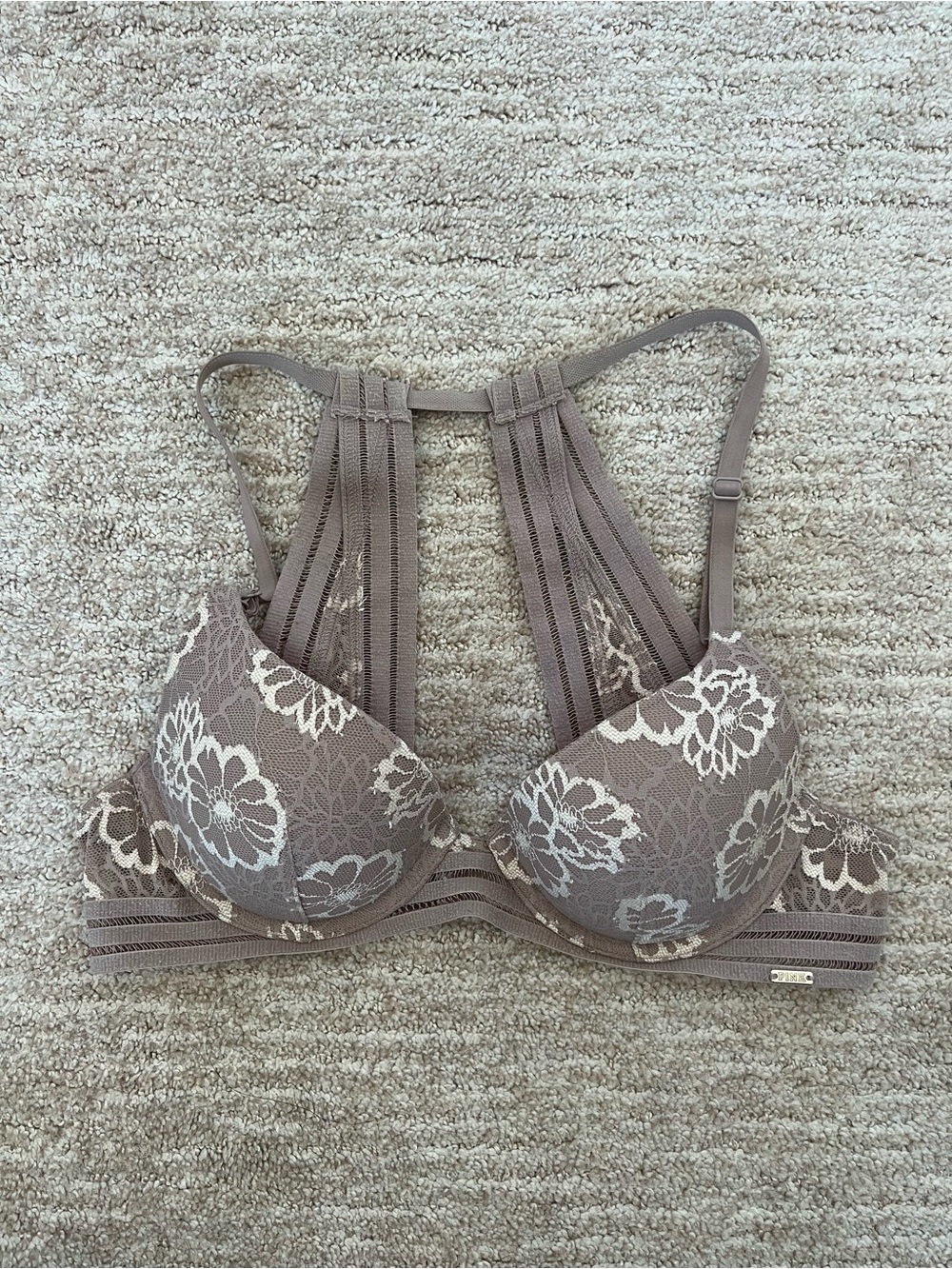 Victoria’s Secret PINK beige floral lace racerback bra 34B